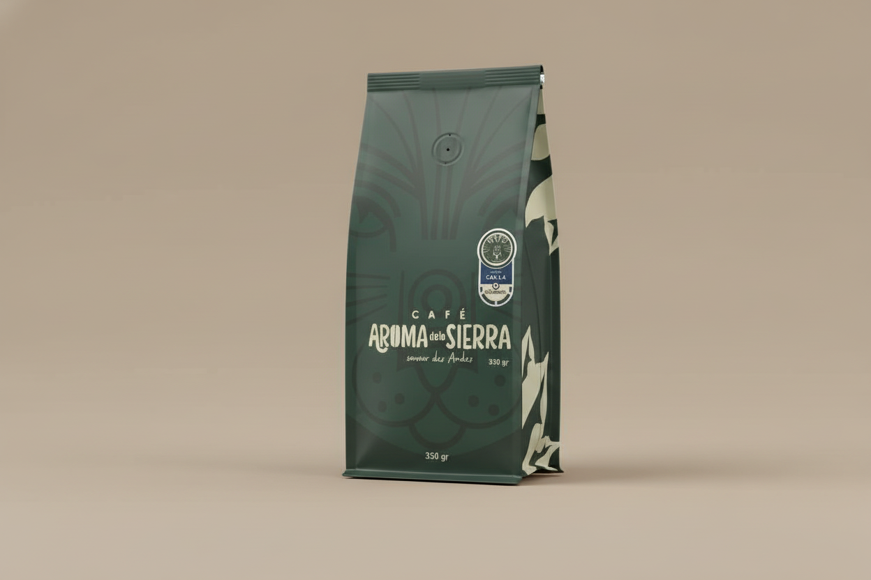 Empaque CAFÉ AROMA de la SIERRA verde con fondo beige